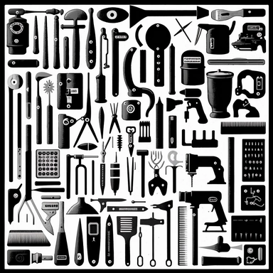 a black and white picture of various tools, a silk screen, clipart, fluxus, rows of tools, hammer, golf club, football, syringe, camera, drill, scissors, guitar, horn, axe, radio, sword, pliers, crowbar, airhorn, binoculars, blowtorch, shotgun, hockey stick, chainsaw, shovel, pitchfork, ladle, frying pan, creative commons attribution, business logo, (dark shorter curly hair), cogs:1000, 2010