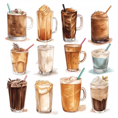 Coconut Milk Shake, Iced Chocolate, Hot Chocolate, Iced Cocoa, Macchiato, Squash, Caramel Latte, Caramel Macchiato, Bubble Milk Tea, Black Tea, white background, clipart, Object, vector collection, hd, watercolor
