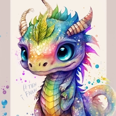 a watercolor painting of a Tiny cute adorable baby dragon looking directly into the camera and slightly smiling, dragon has little braid of hair in the centre, rainbow color, watercolor painted effect skin, intricate details, glass eyes, skip has watercolor painting effect, soft cinematic lighting, 8k, portrait, Pixar style character, pokemon anime style octane render, upper body only, inspired by Hanns Katz, logo, pastel colors, liquid cooled, 70's, clipart, chill out, retro, full body, white b