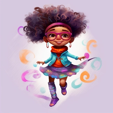A joyful clipart portraying an African American girl with a charmingly textured hairstyle, adorned in fashionable and whimsical garments, set against a high-resolution and grey background, brought to life with the vibrant colors and free-flowing brushstrokes of a watercolor art style,