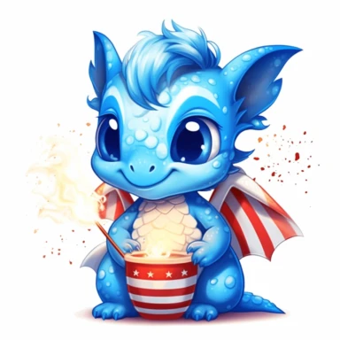 illustration of cute baby dragon in read white and blue american flag colors, fireworks, 4th of july, clipart svg, white background