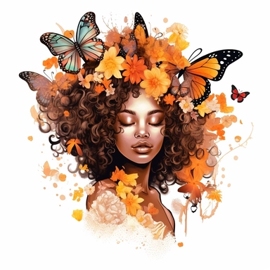 Black Angel Floral Clipart, Skin tone Amber color, curly hair, Hair Above Butterfly And some flowers , rainbow colors design clipart high resolution, white background