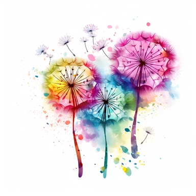 full head dandelions blowing in the wind. Paint Splashes on white background. Pink, purple, yellow, turquoise, green. Clipart