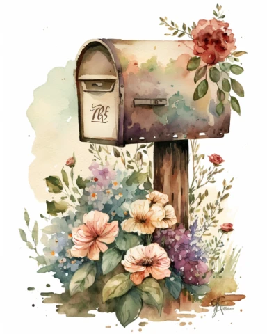 watercolor clipart in the style trending on Etsy. old mail box. flowers.