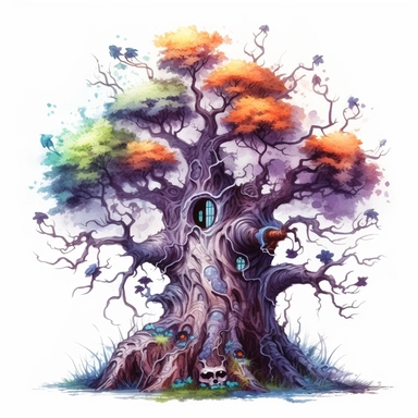 Highly detailed watercolour clipart, haunted tree, spooky, halloween, fantasy, highly detailed, fantasy cartoon illustration, whimsical, UHD, 8K, 3D, solid white background