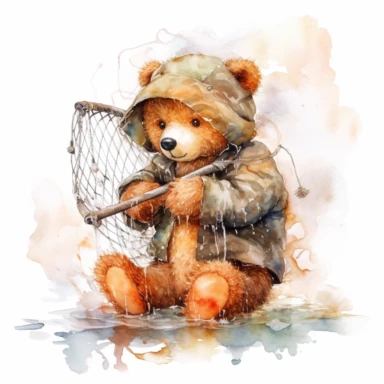 Clipart, watercolor, white background: A teddy bear with a fishing net, knee-deep in water, trying to catch a fish, reflecting its determination and patience.
