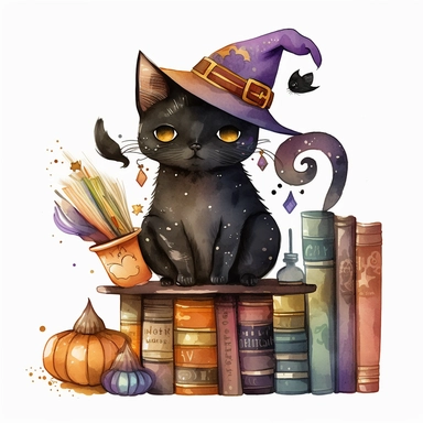 Watercolour cute black witches cat, wearing a witch hat, clipart. The cat is sitting on a bookshelf, surrounded by books and potions. Its fur is a mix of black and orange shades, and its eyes are looking directly at the viewer. The witch hat has a purple ribbon, and the cat is holding a feather quill in its paw. The bookshelf is in a dark, candlelit room, with cobwebs and a cauldron in the corner. The books have titles like The Art of Witchcraft and Magical Potions and Spells. The potions on the