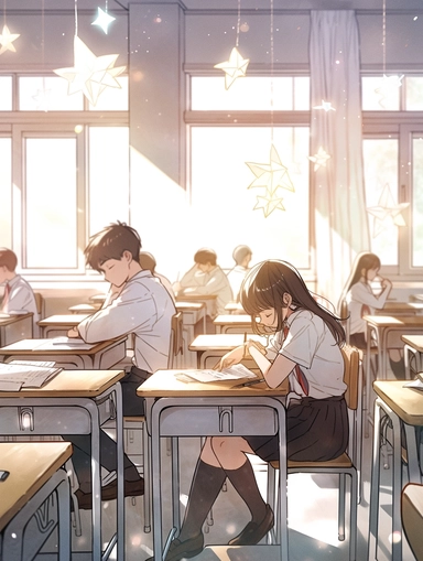 There are many high school students wearing school uniforms in the classroom, two people sitting at the same table in the first row, studying, a lot of books are stacked on the desk, the sun shines into the classroom, the breeze blows the curtains, watercolor clip art style classroom and blackboard desk made Background, front view perspective, hand-drawn animation, star painting style, traditional animation, Dory style, expressive action, Shang Dynasty, folklore realism, Sarah Andersen style, pl
