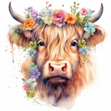 Illustrate an enchanting watercolor pastel Clipart of a lovable Highland Cow adorned with delicate flowers, presented in stunning 16k HD resolution and a wide-angle composition.