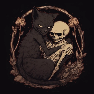 clipart, skeleton cuddling a kitten, gothic, dark vibes, high details