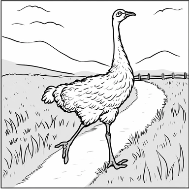 Draw a clipart-style image in black and white, with simple outlines and bold lines, depicting an Emu - a bird that cannot fly but runs as fast as the wind! The background should be a simple landscape suitable for the Emu, also in black and white. Make sure to leave some space for children to color. Simple outlines, bold lines, black ink on white background, clipart.