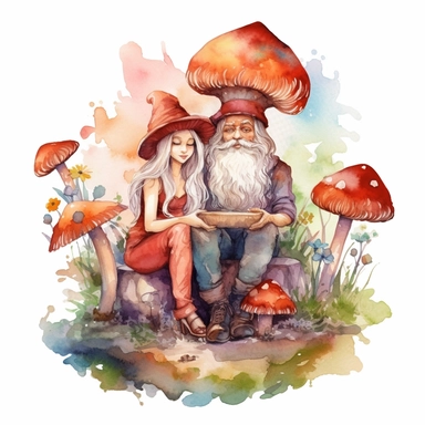 Watercolor magical gnome couple sitting on a toadstool, watercolor clipart on white background, vivid colors, enchanting scene clipart on a white background in the style of feminine sticker art, Tanya Shatseva, storybook illustration, red, white and caramel tones, Georgia O'Keeffe, colored line art, colored outlines, cottagecore design, watercolor on white background, crisp tones, sticker outline, colored line art, colored outlines, iridescent ombre, gradient shading, pure tone, vibrant digital 