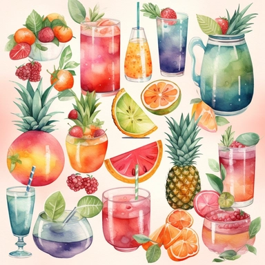 pemcil textured, a Simplified single Summer fruit and cocktail clipart, simple shapes, no lines, no outlines, clipart most popular on etsy, featured on dribble, cartoon animal clipart, minimalist, computer vector graphic design clip art, watercolor illustration clipart, watercolour clipart, watercolor illlustration for kids and children, book illustration, PNG tranparent background