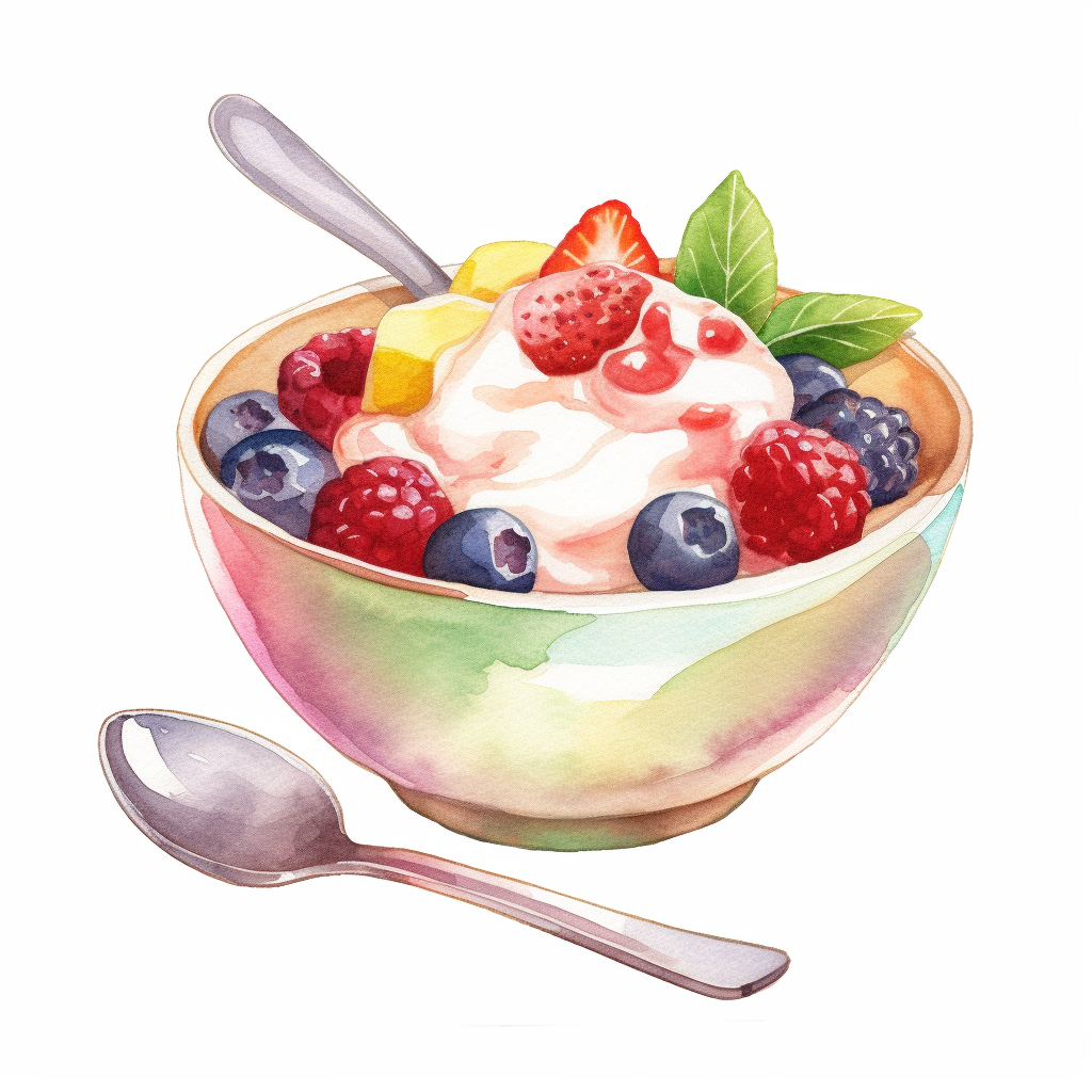 Fruit salad, yogurt and a spoon, Watercolor, cottagecore, pastels ...