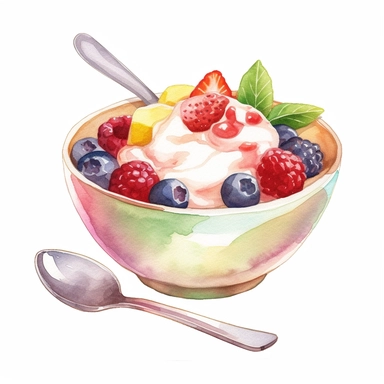 Fruit salad, yogurt and a spoon, Watercolor, cottagecore, pastels, clipart, beautiful, colourfull, png transparent white background, high resolution, no caption q4 s2