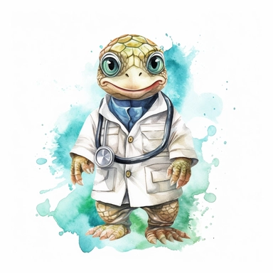 watercolor clipart, vey cute happy turtle, wearing a stethoscope and a white coat, working as a veterinarian, watercolor style, realistic, bright colors, 300 dpi, 8k, white and clear background, high solution