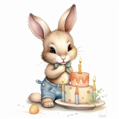 happy baby bunny birthday illustration clipart, detailed, outline, white background, 4k, digital art