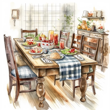 watercolor, hyper realistic, white background, white margins, 16k, ultra detailed clipart, cut out image, hand-drawn, whimsical a cozy dining room with a farmhouse-style table and chairs, decorated with a plaid tablecloth and vintage crockery.