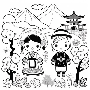 Landscape, simple, traditional costume, local food, animal, educational, history, and cultural diversity, clipart style, cute, picture book style, captivating, kid friendly cute character, black and white, more white than Black, coloring book, not color style, cartoon style, vector image, simple, line art style, character, white background