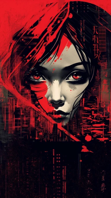 a newspaper clip art illustration with a red eye for an asian woman, in the style of large-scale murals, dark palette chiaroscuro, movie poster, mori kei, captivating documentary photos