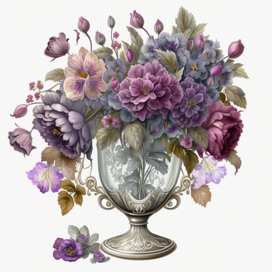 beautiful bouquet of purple flowers in crystal vase, romantic, shabby chic, ethereal. clipart style