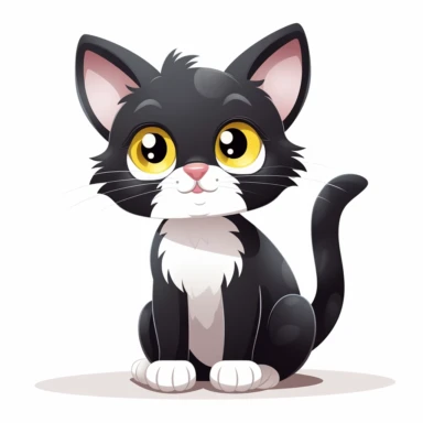 cute cartoon cat, black and white cat,smooth fur, black face with a little bit white by mouth, white paws, black legs, yellow eyes, full body sitting, white background, clip art, vector graphic
