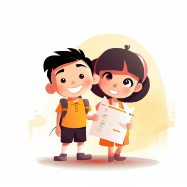 school boy, school girl, shadow below them, wearing a backpack, smiling, holding a report card, cartoon, clipart, colorfull, 4k