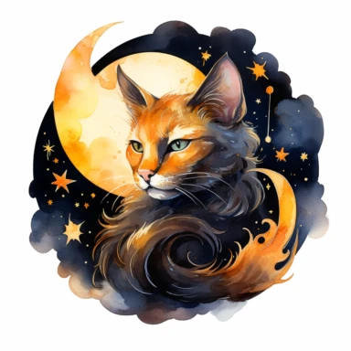A beautifully painted watercolor cat with crescent moon behind it, hues of captivating orange, yellow and black, stunningly beautiful, refined and sophisticated, Hand drawn, Roberto Ferri, Clipart, beautifully colored with strong saturated pastel colors in a beautifully colored and fantasy magical fairytale mesmerizing style, emotionally pleasing watercolor style in the style, Pre-Raphaelitism,hyperrealism, 8k hd detailed quality on a white background