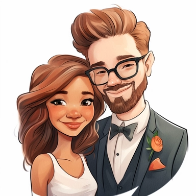portret of a Cartoon wedding pair, just married, cute family, style by Lusy Fleming, watercolor, clipart elements, smooth gradients, black contour outline, ultra detailed, white background, super clear, high quality