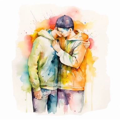 A vibrant and joyful image of a gay couple captured in rainbow watercolor clipart with a clean white background, showcasing their love and happiness. The couple is depicted in a close embrace, their arms wrapped around each other, and their faces displaying genuine affection. Their outfits are stylish and contemporary, reflecting their unique personalities. The watercolor technique adds a soft and dreamy quality to the artwork, with delicate brushstrokes and a vibrant color palette that brings o