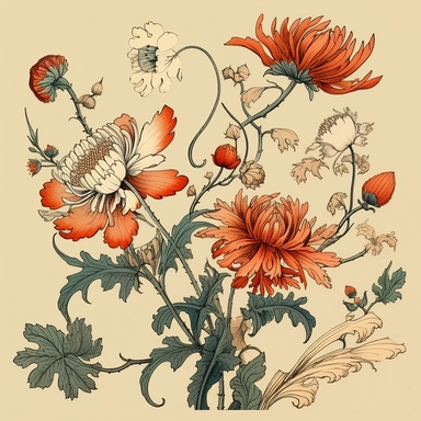 Clipart, vintage, stylized japanese old flowers, botanical illustration, hand drawn, texture