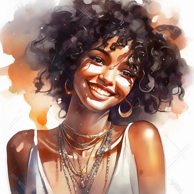 Glamorous and romantic beautiful dark-skinned girl with short curly black hair isolated on the white background, wearing beautiful boho jewelry, detailed, very realistic, translucent, delicate, smiling, laughing, happy, delicate colors, golden hour, fashion photography, watercolor clipart - - ar 3: 2 - - no watermarks, no text