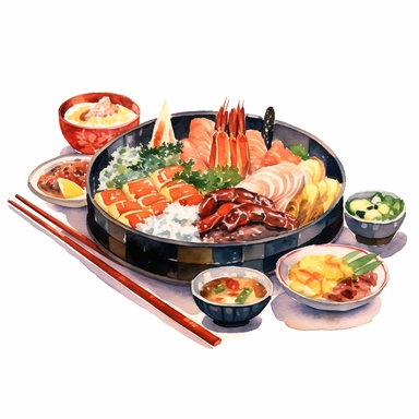 Kaiseki (traditional Japanese multi-course meal) watercolor clipart in white background