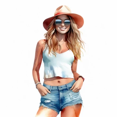Solid white background, Detailed watercolor woman smiling, wearing a jeans hot pants, a tank top, sunglasses and a beach hat clipart