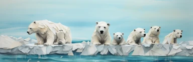 a line of cute miniature polar bear cubs on an iceberg, a collage of mixed media art made with tissue paper, magazine and newspaper clippings, oil paint, graphite pencil lines and fabric, in the style of playful surrealism, whimsical, washi tape