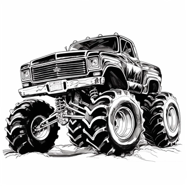 black and white monster truck clipart, 2d vector , sharp resolution, white background