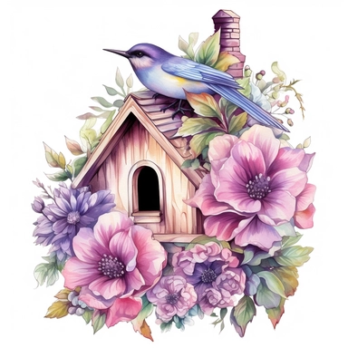 watercolor, hyper realistic, white background, white margins, 16k, ultra detailed clipart, cut out image, hand-drawn a floral birdhouse, inspired by the beauty of nature. The birdhouse should be the focal point of the design, adorned with intricate floral details and elements. Color Scheme: pastel shades such as light pink, lavender, mint green, and baby blue.
