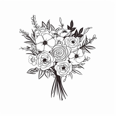 vector illustration, hand drawn, elegant floral bouquet with blossomed roses, silhouette, outline svg, clipart, roses wedding bouquet, all white background