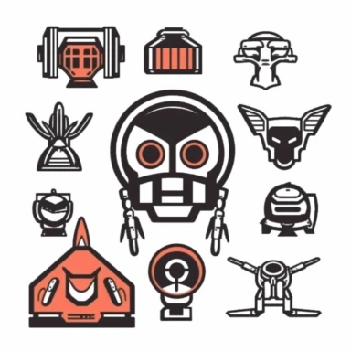 a set of black line clipart inspired by owl mutants and cyborgs and killer robots and 1980s dark scifi films and our dystopian techno-corporate oligarchy