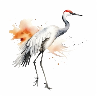 japanese crane, watercolor clipart, isolated white background, minimalist, bright colors, 8K