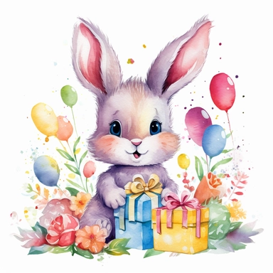 cute cartoon rabbit, celebrating birthday party, rainbow colours, flowers, watercolor clipart, pure white background