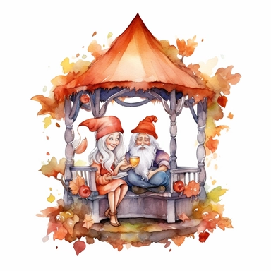 Watercolor magical gnome couple sitting in a gazebo watercolor clipart on white background, vivid colors, enchanting scene clipart on a white background in the style of feminine sticker art, Tanya Shatseva, storybook illustration, red, white and caramel tones, Georgia O'Keeffe, colored line art, colored outlines, cottagecore design, watercolor on white background, crisp tones, sticker outline, colored line art, colored outlines, iridescent ombre, gradient shading, pure tone, vibrant digital art 