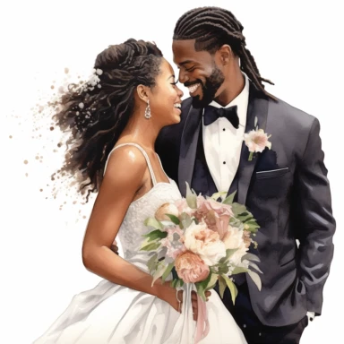 watercolor ultra-realistic and hyper-detailed clipart illustration on a white background of a beautiful bridal black couple holding each other and laughing, the black woman is wearing an elegant wedding dress with intricate details and the black man is wearing a suit