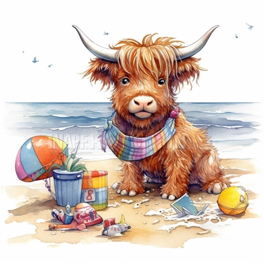 Baby Highland Cow play in the beach with beach toys, highly detailed, cartoon, watercolor, clipart, illustration, white background, digital painting, paper crafting, no signature, no text