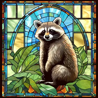 Rectangular stained glass window design, 90 degree square corners, no background, view from solarium in atrium, raccoon in the rainforest, very detailed, clipart, clear crisp colors, photorealistic, oil paint, happy, beautiful, bright colors, cute, ultra-detailed, on a white background - - no cropping
