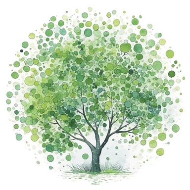 Illustration,Line Art,Stipple,Hand-Drawn,Watercolor painting,pastel painting,Crayon,blur,Camphor tree. It is composed of deep green, light green, dark green and light green. Leaves are represented by dots and have a hazy touch. No background. Hand-drawn illustration in 1970s European style. Clipped in circles.