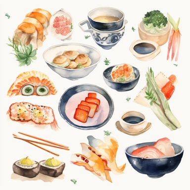 Watercolor illustration of japanese cuisine clipart, created by WorldFoodArtX, showcasing vibrant colors, delicate brushwork, and cultural authenticity, perfect for menu design, food blogging, recipe books, or educational projects