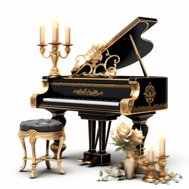 luxury gold piano with a seat,black roses and jewel,candle and one music book digital clipart on white background--s 1000