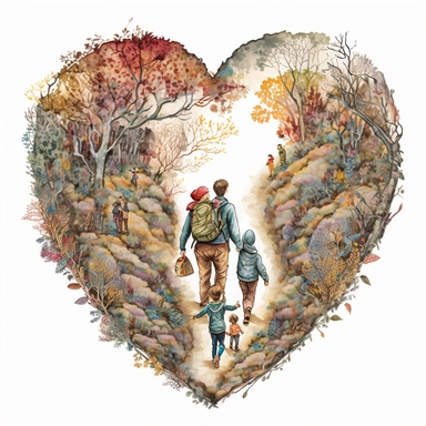 a cute loving American family hiking in a magical winter woods mountain (a perfect close-up view from the back) with its own habitats (flowers and plants) made into a heart-shape, vintage in watercolor style clipart, use darker tones, higher saturation colors, Banksy artstyle with minimal effects, super creative watercolor, white background