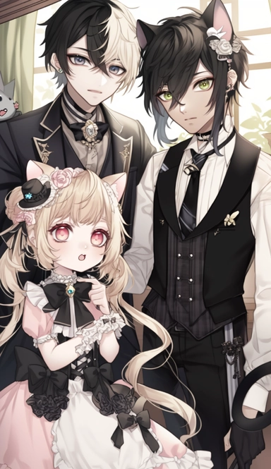 Black-haired brown boy and twins, ivory hair, beautiful young boy, decadence, gloomy garden, torches, ikemen, dark skin, hair clip, fine decorations, gray and pink eyes, pink ribbon tie, ivory Modern Mullet hair, ponytail with ribbon, long bangs, brown shirt, suit with black vest and black pants, snow leopard, cat ears, Gothic and antique, botanical art